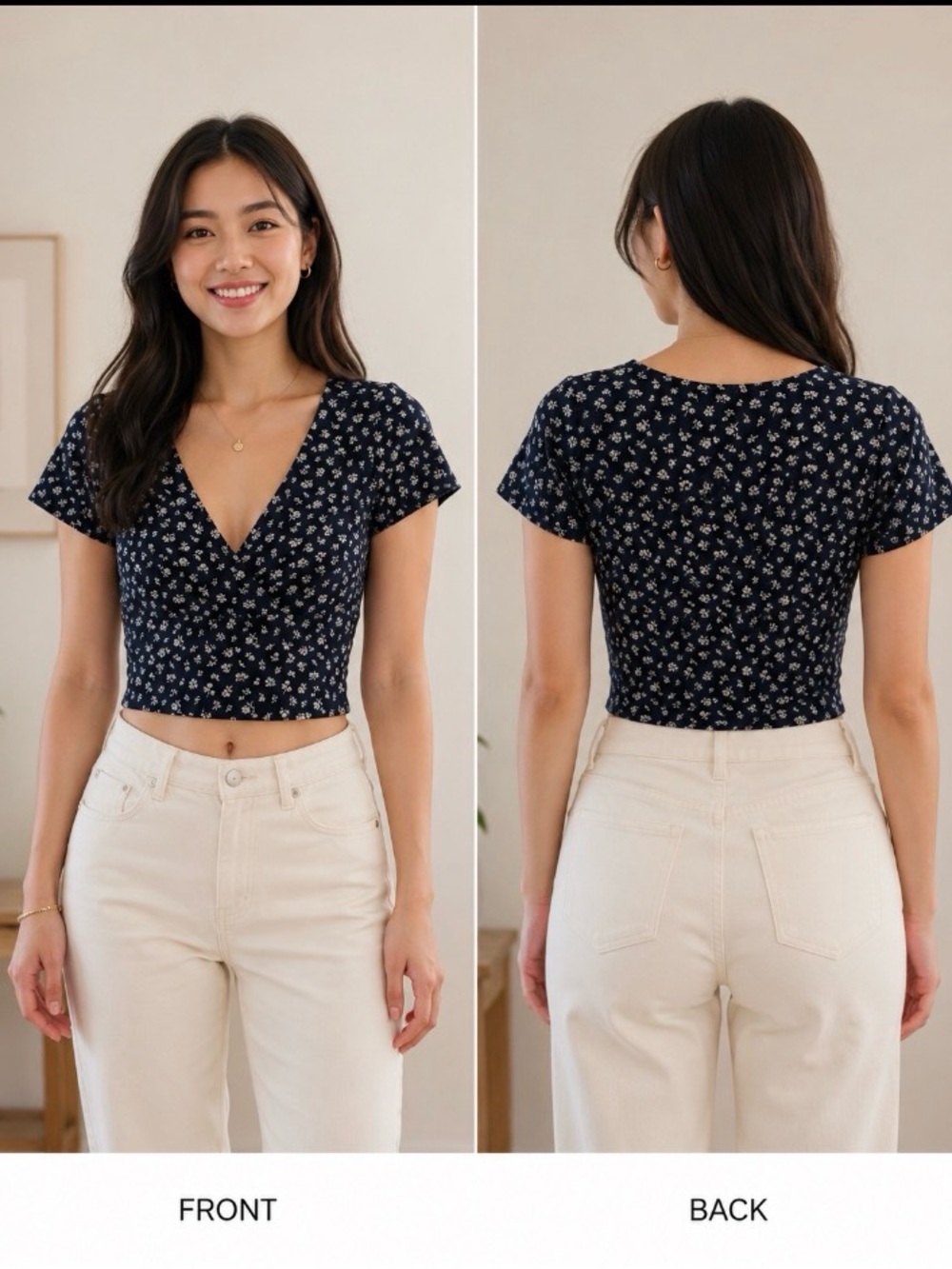 Brandy Melville Navy Floral V-Neck Cropped Top